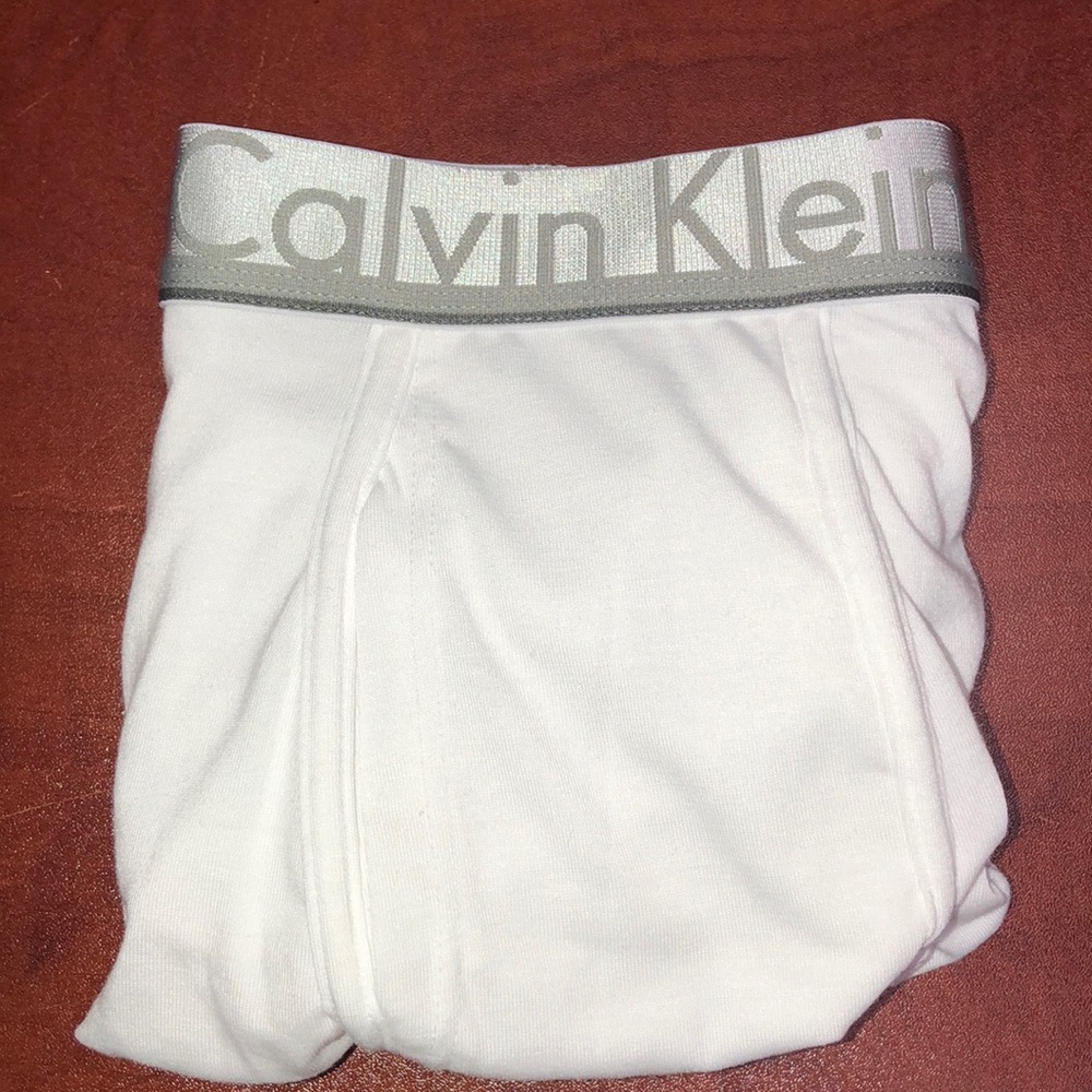 Men’s Calvin Klein Boxer Brief in White with Silver CK form.